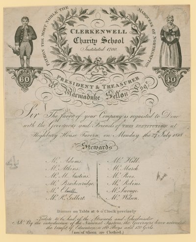 Invitación a la cena de la Escuela de Caridad de Clerkenwell de English School