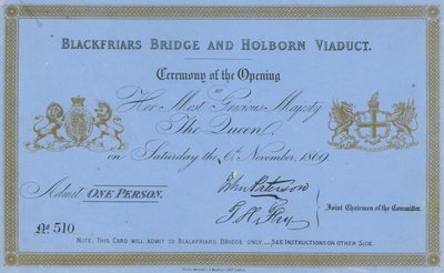 Invitación a la inauguración del Puente de Blackfriars y el Viaducto de Holborn de English School