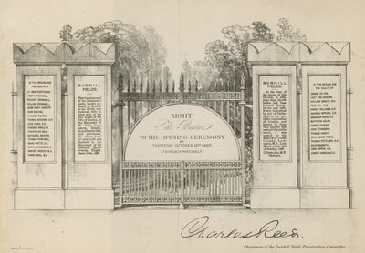 Invitación a la inauguración del Cementerio de Bunhill Fields de English School