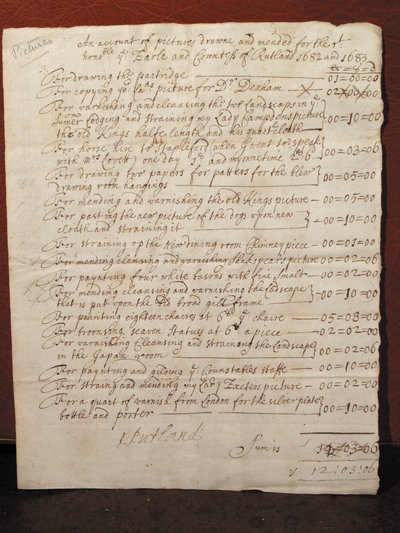 Factura por la limpieza de un retrato de William Shakespeare, c.1682 (tinta sobre papel) de English School