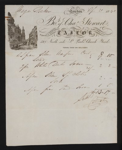 Factura de Charles Stewart, sastre, St Paul