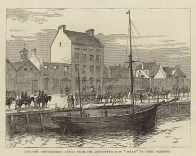 Irlanda, descargando carga del barco boicoteado "Wave" en el puerto de Cork (grabado) de English School