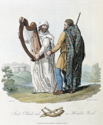 Bardo irlandés y viajero en "Celtas y Godos, costumbres de los habitantes de las Islas Británicas del siglo VI y las naciones godas de la costa oeste del Báltico", por S.R. Meyrick y Ch. Smith de English School