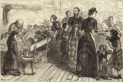 Cena de estofado irlandés para los pobres en el Salón de la Misión de Conder Street de English School