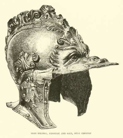 Casco de hierro, repujado y dorado, siglo XVI de English School