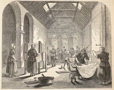Sala de planchado en la prisión de Brixton, ilustración de Las prisiones criminales de Londres y escenas de la vida en prisión de Henry Mayhew y John Binny, pub. 1862 de English School