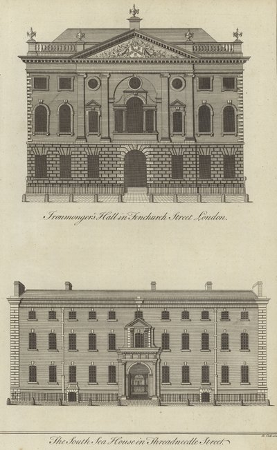 Salón de los Ferreteros, Fenchurch Street y la Casa del Mar del Sur, Threadneedle Street, Londres de English School