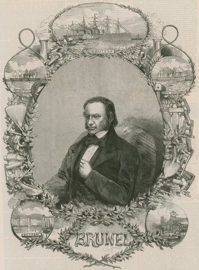 Isambard Kingdom Brunel rodeado de algunos de sus logros de English School
