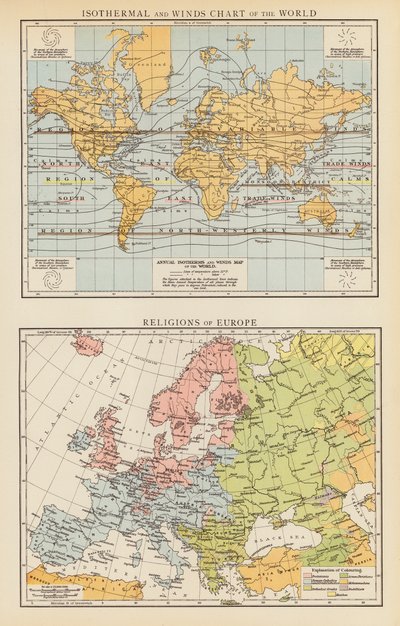 Carta isotérmica y de los vientos del mundo; Religiones de Europa (litografía en color) de English School