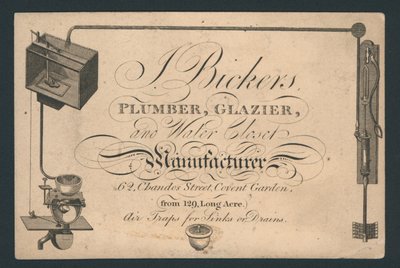 J Bickers, fontanero, vidriero y fabricante de inodoros, 62 Chandos Street, Covent Garden, tarjeta comercial de English School