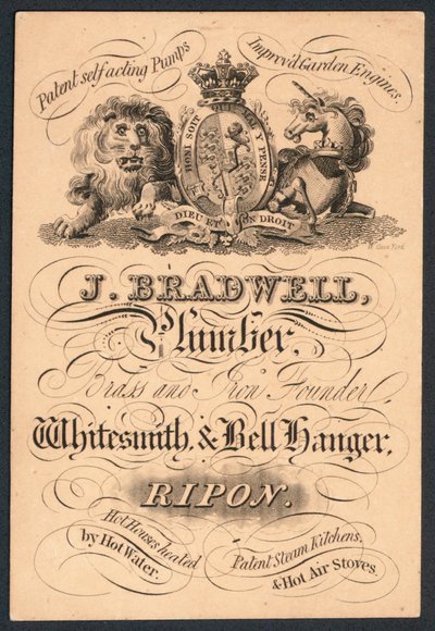 J Bradwell, fontanero, fundidor de latón y hierro, cerrajero y colgador de campanas, tarjeta comercial de English School