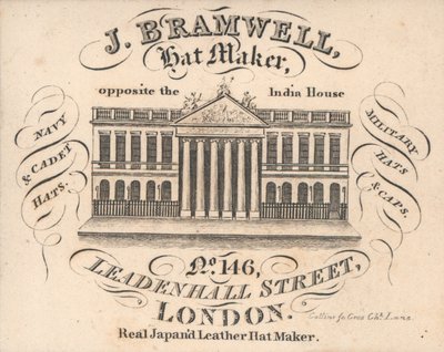 J Branwell, fabricante de sombreros, 146 Leadenhall Street, tarjeta comercial de English School