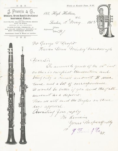 J Francis & Co, fabricantes de instrumentos militares, de banda de música y orquestales de English School