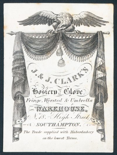 J & J Clarks, almacén de medias, guantes, flecos, estambre y paraguas, tarjeta comercial de English School
