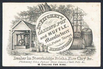 J N Fitchett, fabricante de ollas y muflas, tarjeta comercial de English School