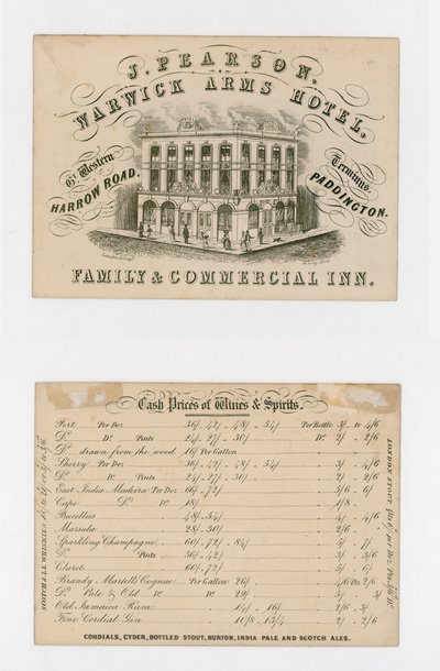 J Pearson, Warwick Arms Hotel, tarjeta comercial (frontal y trasera) de English School