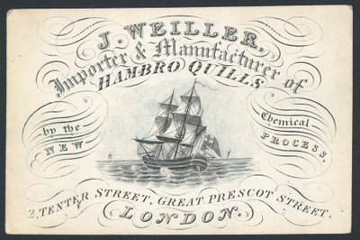 J Weiller, importador y fabricante de plumas de Hamburgo, 2 Tenter Street, tarjeta comercial de English School