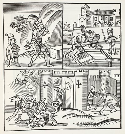 Jack y los gigantes, ilustración de Chap-books del Siglo XVIII de John Ashton, pub. 1882 de English School