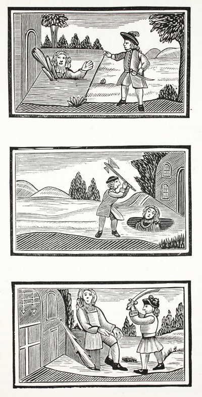 Jack y los gigantes, ilustración de Chap-books del Siglo XVIII de John Ashton, pub. 1882 de English School