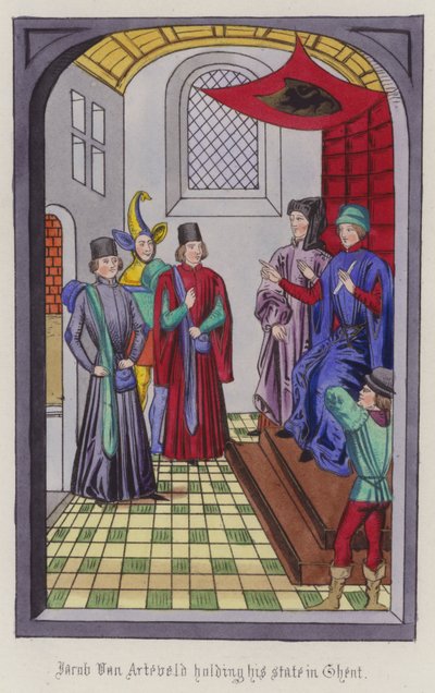 Jacob Von Artaveld manteniendo su estado en Gante (grabado coloreado) de English School