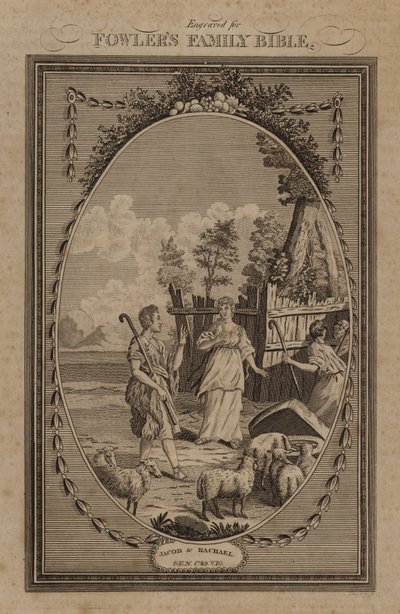 Jacob y Rachael, Génesis, capítulo 29, versículo 10 (grabado) de English School