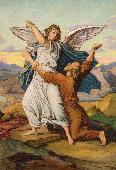 Jacob luchando con el ángel (chromolitho) de English School