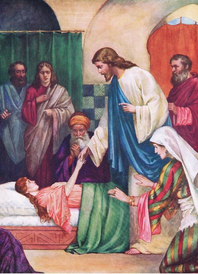 La hija de Jairo, de The Bible Picture Book publicado por Thomas Nelson, c.1950 (litografía en color) de English School