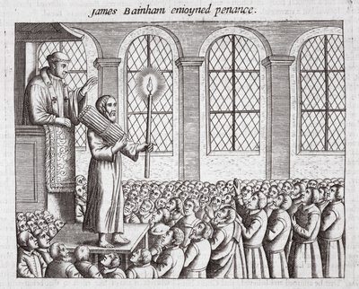 James Bainham haciendo penitencia, ilustración de Hechos y Monumentos de John Foxe, novena edición, pub. 1684 de English School