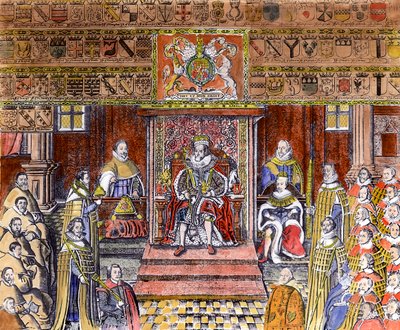 Jacobo I de Inglaterra (1566-1625) en la corte de English School