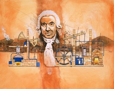 James Watt con hornos y bombas mecánicas en el fondo de English School