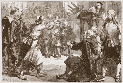 Janet Geddes lanzando su taburete al Decano de Edimburgo, ilustración de La Historia del Protestantismo de James Aitken Wylie, pub. 1878 de English School