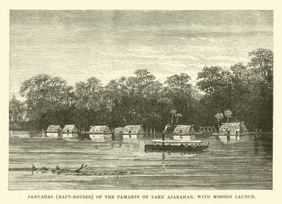 Jangadas (Casas-Rafta) de los Pamarys en el lago Ajarahan, con lancha de misión de English School