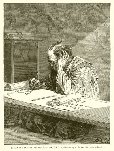 Escriba japonés produciendo rollo de libro de English School