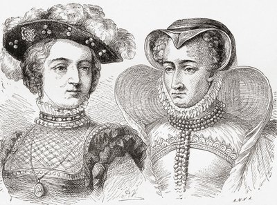 Juana de Albret, a la izquierda, y su madre Margarita de Navarra, a la derecha, de la Historia Ilustrada del Mundo de Ward y Lock, pub. c.1882 de English School
