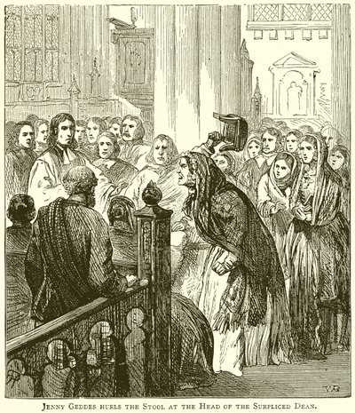 Jenny Geddes lanza el taburete a la cabeza del decano con sobrepelliz de English School