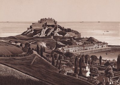 Jersey, Islas Chanel: Castillo de Mount Orgueil y puerto de Gorey (litografía) de English School