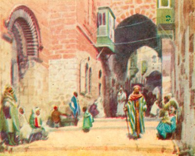 Jerusalén, una escena callejera (litografía en color) de English School
