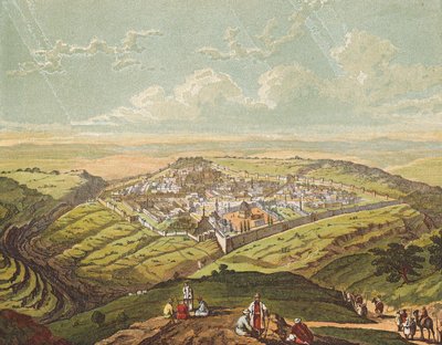 Jerusalén se construye como una ciudad compacta (litografía en color) de English School