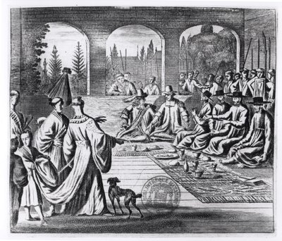 Jesuitas con comerciantes holandeses y portugueses en la corte del Emperador japonés, ilustración de Una Embajada Memorable al Emperador de Japón por Arnold Montanus, publicado en Londres en 1670 de English School