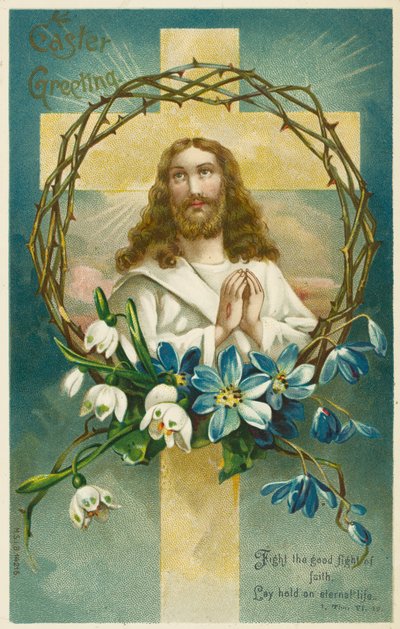 Jesucristo, Cruz y Corona de Espinas (cromolito) de English School