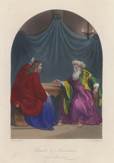 Jesucristo y Nicodemo (grabado coloreado) de English School