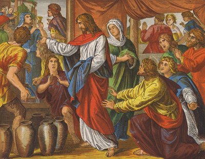 Jesucristo y las bodas de Caná (litografía en color) de English School