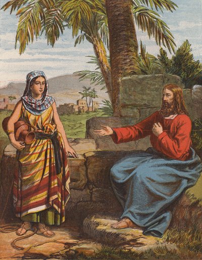 Jesucristo y la mujer de Samaria (litografía en color) de English School