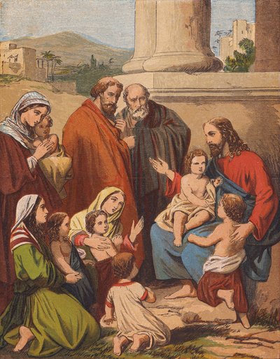 Jesucristo bendiciendo a los niños (litografía en color) de English School