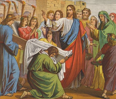 Jesucristo resucita al hijo de la viuda de Naín (litografía en color) de English School