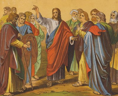 Jesucristo envía a los doce apóstoles (litografía en color) de English School