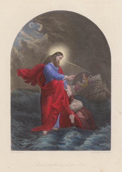 Jesucristo paseando por el Mar de Galilea (grabado coloreado) de English School