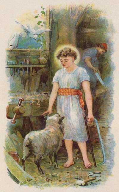 Jesús en la carpintería (litografía en color) de English School