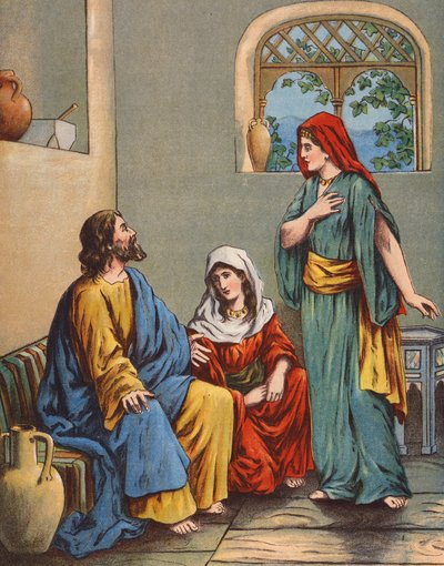 Jesús en casa de Marta y María (litografía en color) de English School