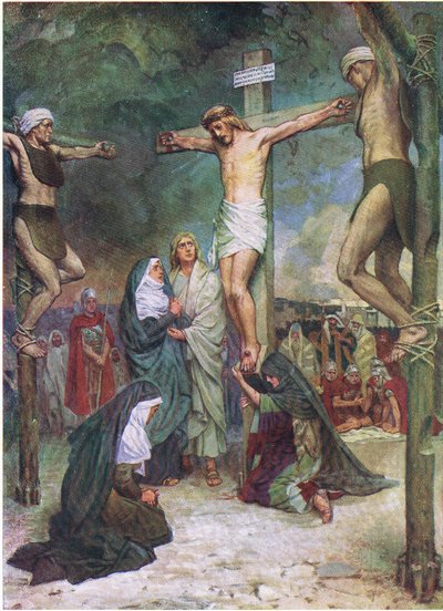Jesús en la cruz, de The Bible Picture Book publicado por Thomas Nelson, c.1950 (litografía en color) de English School